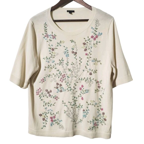 Talbots Sweaters - Talbots Sweater XL Floral Embellished Beaded Cream Cottagecore Knit Womens